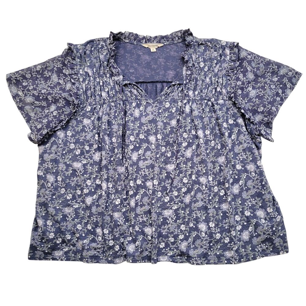 Lucky Brand Peasant Blouse 2X Blue Floral Sheer Flutter Sleeve Boho Cottagecore